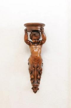 Pair of French Baroque Style 1810s Walnut Wall Sconces with Carved Putti - 3485324