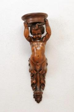 Pair of French Baroque Style 1810s Walnut Wall Sconces with Carved Putti - 3485337