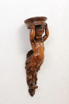 Pair of French Baroque Style 1810s Walnut Wall Sconces with Carved Putti - 3485339
