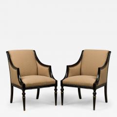 Pair of French Beige Upholstered and Black Wooden Framed Bergere Armchairs - 4219535