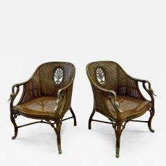 Pair of French Berg re Swan Arm Lounge Chairs Silver Metal Cane Tortoise - 2922250