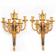 Pair of French Bronze Blue Painted Five Light Antique Wall Sconces - 4568988
