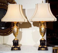 Pair of French Bronze Table Lamps Ebony Base Art Nouveau Style With Linen Shades - 2950985