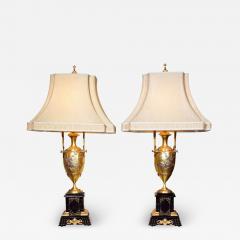 Pair of French Bronze Table Lamps Ebony Base Art Nouveau Style With Linen Shades - 2957067