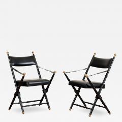 Pair of French Campaign Style Leather Folding Chairs with Faux Bamboo Frames - 2828478