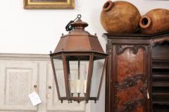 Pair of French Copper Three Light Hexagonal Lanterns with Glass Panels US Wired - 3592631