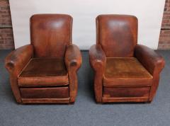 Pair of French Deco Leather Roll Back Club Chairs - 2734115