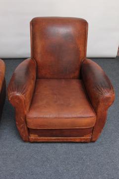 Pair of French Deco Leather Roll Back Club Chairs - 2734121