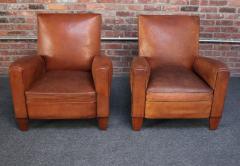 Pair of French Deco Leather Squared Back Club Chairs - 3018567