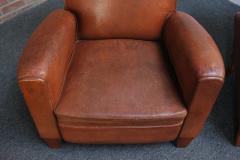 Pair of French Deco Leather Squared Back Club Chairs - 3018572