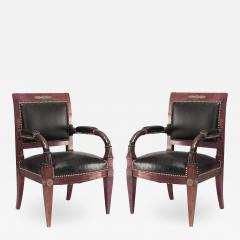 Pair of French Empire Mahogany Leather Arm Chairs - 1407679