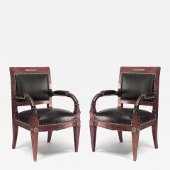 Pair of French Empire Mahogany Leather Armchairs - 4646511