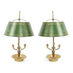 Pair of French Empire Style Bronze Table Lamps with Green Tole Shade - 4700868