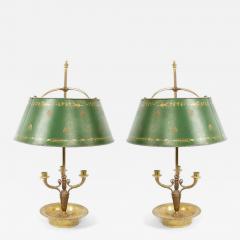 Pair of French Empire Style Bronze Table Lamps with Green Tole Shade - 4700897