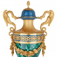Pair of French Empire style malachite lapis lazuli and ormolu vases - 3517128