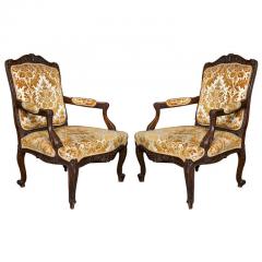 Pair of French Louis XV Style 1930s Walnut Armchairs Embroidered Upholstery - 2504712