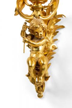 Pair of French Louis XV Style Bronze Dore Cupid Wall Sconces - 4630310