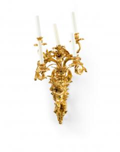 Pair of French Louis XV Style Bronze Dore Cupid Wall Sconces - 4630313