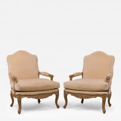 Pair of French Louis XV Style High Back Armchairs with Beige Velvet Upholstery - 4178363