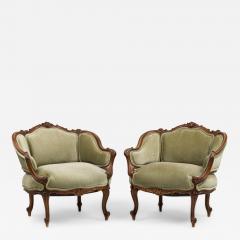 Pair of French Louis XV Style Walnut Lowback Armchair - 4186229