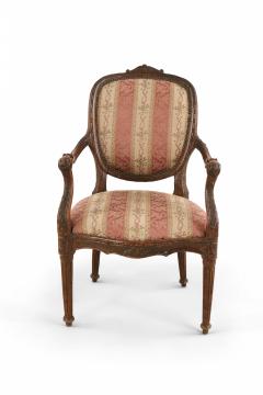Pair of French Louis XVI Beige and Pink Stripe Upholstered Armchairs - 2798233