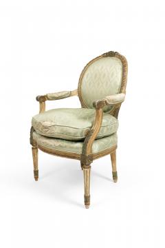 Pair of French Louis XVI Green Silk Arm Chairs - 1402018