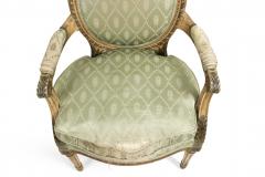 Pair of French Louis XVI Green Silk Arm Chairs - 1402021