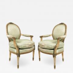 Pair of French Louis XVI Green Silk Arm Chairs - 1407659