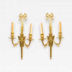 Pair of French Louis XVI Style Bronze Dore Bow Knot Wall Sconces - 1403057