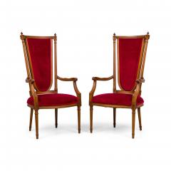 Pair of French Louis XVI style Red Velvet Upholstered High Back Armchairs - 4729357