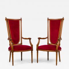 Pair of French Louis XVI style Red Velvet Upholstered High Back Armchairs - 4729401