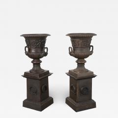 Pair of French Metal Urns on Pedestals - 2314964
