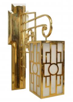 Pair of French Mid Century Brass Chinese Lattice Lantern Sconces - 4629172