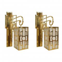 Pair of French Mid Century Brass Chinese Lattice Lantern Sconces - 4644154