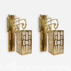 Pair of French Mid Century Brass Chinese Lattice Lantern Sconces - 4644169