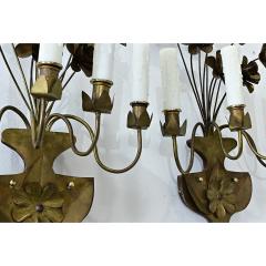 Pair of French Mid Century Metal Floral Sconces - 4811780