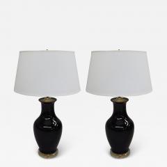 Pair of French Mid Century Modern Black Opaline Glass and Lucite Table Lamps - 4091457