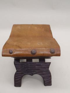 Pair of French Mid Century Modern Carved Wood and Leather Stools or Benches - 1799913