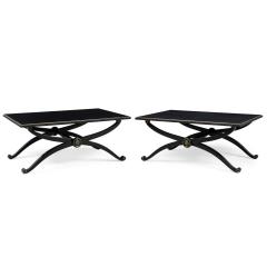 Pair of French Mid Century Style Black Lacquer Transitional Cross Base Cocktail - 4700394