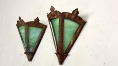 Pair of French Midcentury Modern Craftsman Stained Glass Wrought Iron Sconces - 4599375