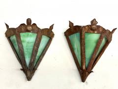 Pair of French Midcentury Modern Craftsman Stained Glass Wrought Iron Sconces - 4599376