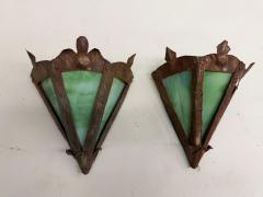 Pair of French Midcentury Modern Craftsman Stained Glass Wrought Iron Sconces - 4599378
