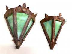 Pair of French Midcentury Modern Craftsman Stained Glass Wrought Iron Sconces - 4599380
