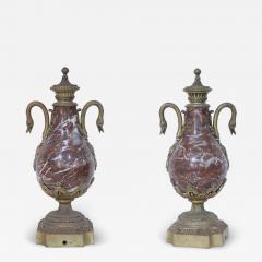 Pair of French Neoclassical Burgundy Marble and Bronze Decorative Urns - 4412665