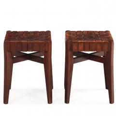 Pair of French Oak Stools with Woven Leather Strap Seats C 1925 - 4636470