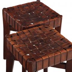 Pair of French Oak Stools with Woven Leather Strap Seats C 1925 - 4636471