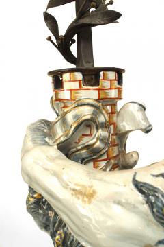 Pair of French Porcelain Lions Holding Wrought Iron Candelabras - 4625931
