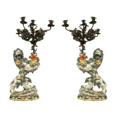 Pair of French Porcelain Lions Holding Wrought Iron Candelabras - 4627861