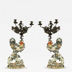 Pair of French Porcelain Lions Holding Wrought Iron Candelabras - 4627889