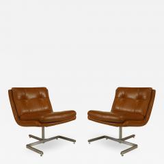 Pair of French Post War Brown Leather Side Chairs - 1382934